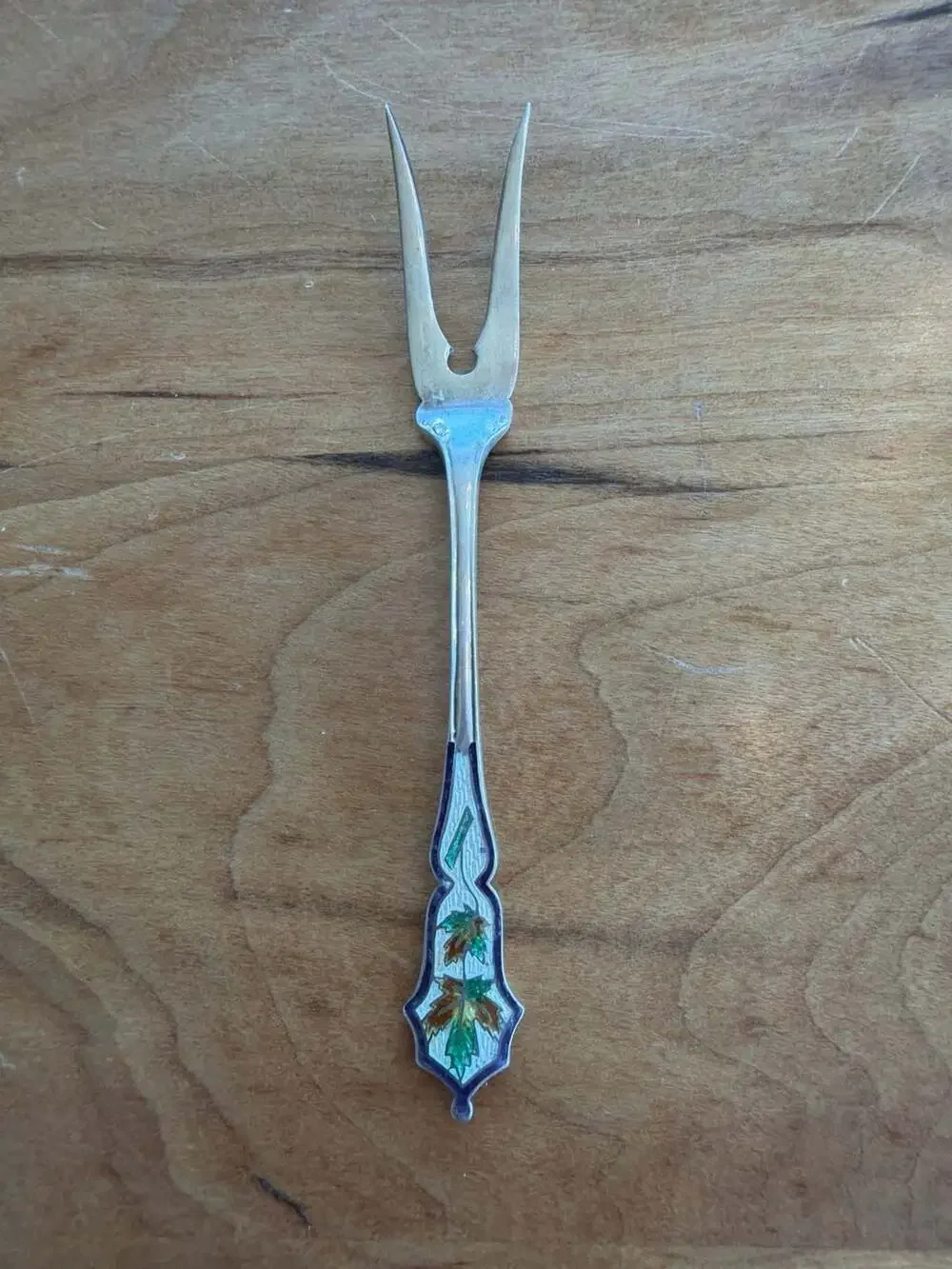 Vintage P.W. Ellis Sterling Silver Enamel Maple‎ Leaf Cocktail Fork 3.5